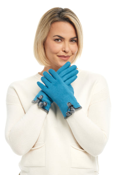 Shihreen Microsuede Pom Pom Glove, Fall Winter Accessories. Blue.