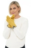 Shihreen Microsuede Pom Pom Glove, Fall Winter Accessories. Mustard.