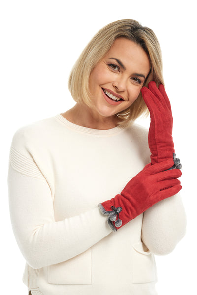 Shihreen Microsuede Pom Pom Glove, Fall Winter Accessories. Red.