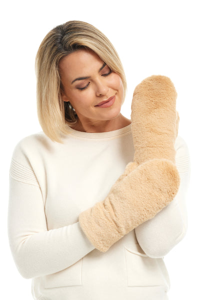 Shihreen Faux Fur Mittens, Fall Winter Accessories. Light Beige.
