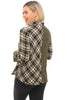 Habitat Clothes Girl Gone Plaid Asymmetrical Top, Fall Winter Women's Shirts Woven. Avocado.