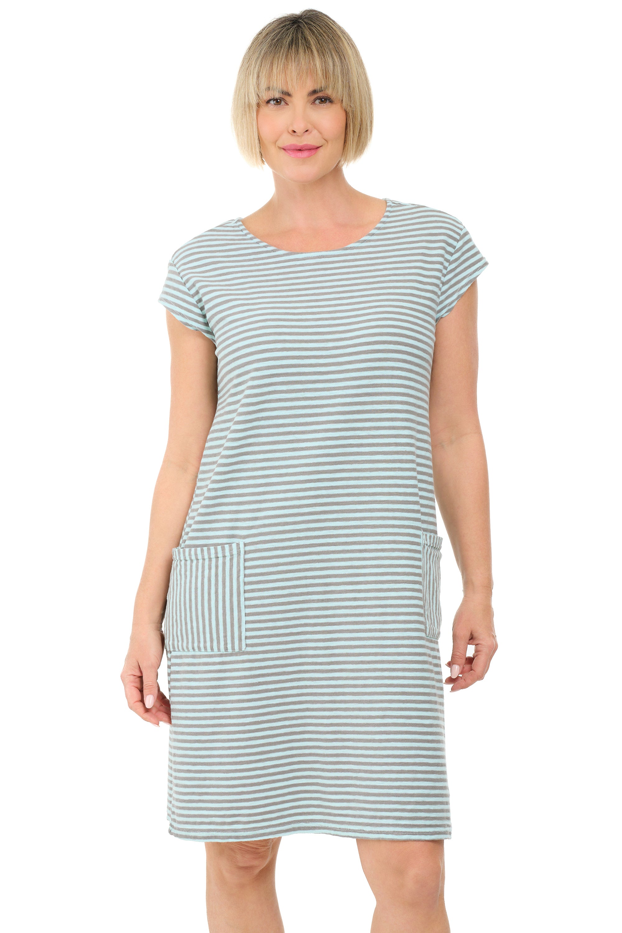 Cut Loose Grey Stripe Patch Pocket Dress, Spring Summer Women's Dresses Fountain / Large