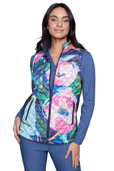 Claire des Jardins Pink Peonies Quilted Vest, Fall Winter Women's Outerwear