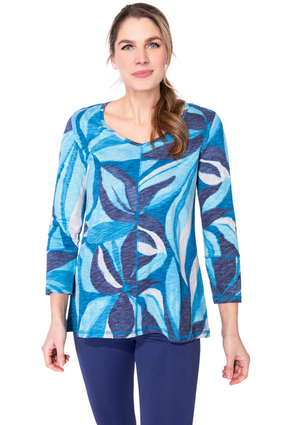 Escape Abstract Floral V Tunic, Fall Winter Women's Shirts Knit