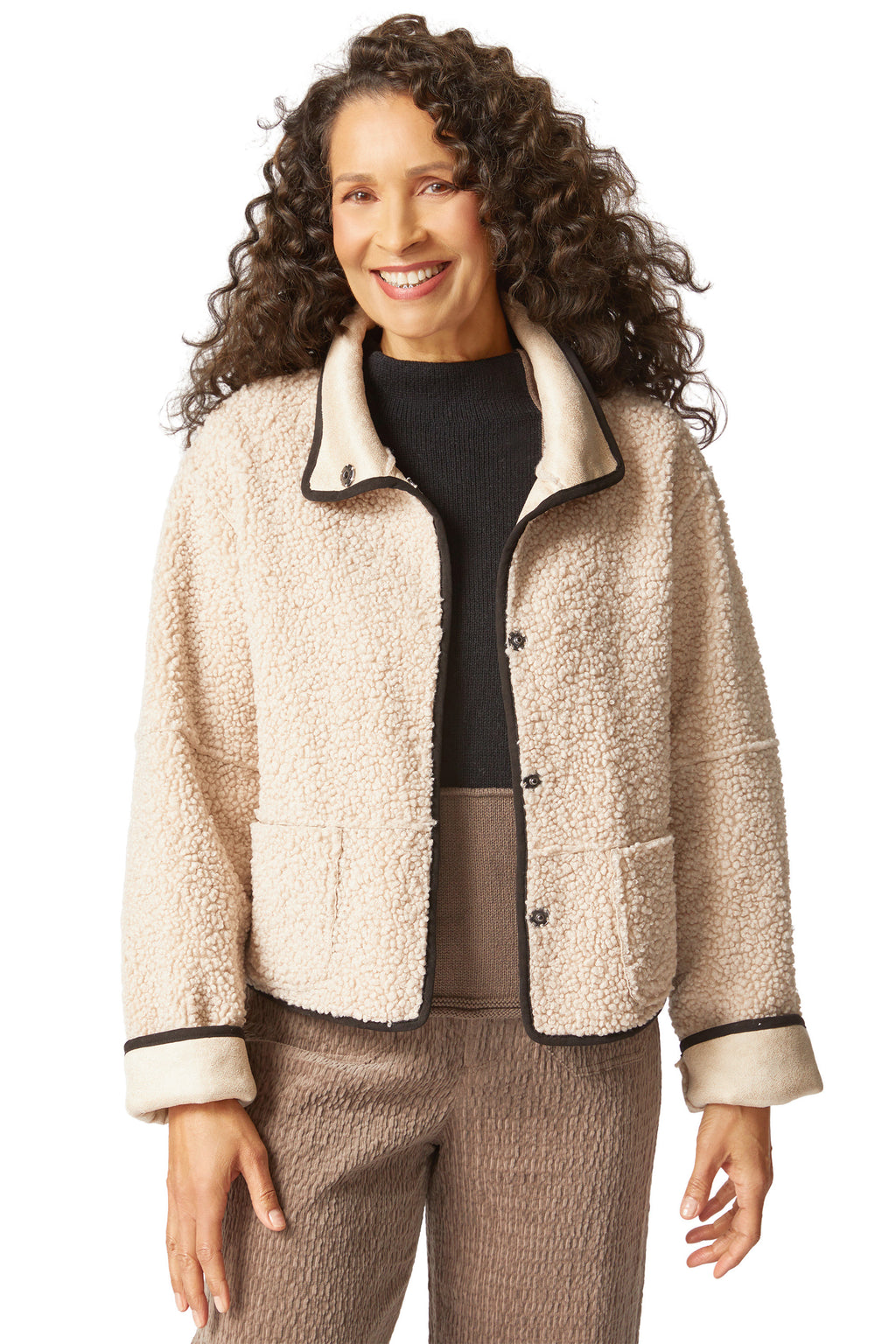 Habitat Clothes Reversible Kiki Sherpa Jacket, Fall Winter Women's Outerwear. Dove.