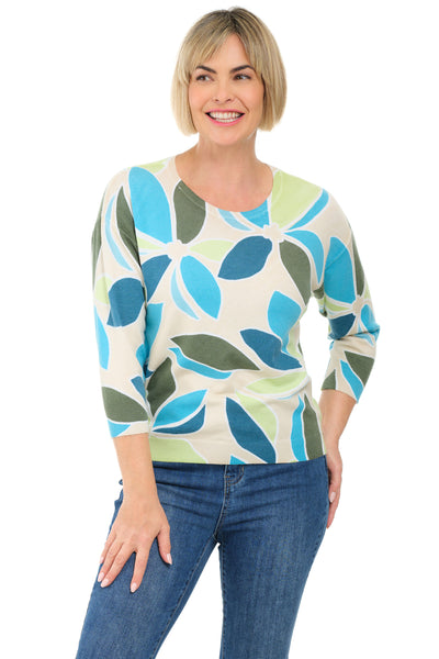Tribal Summer Petals Sweater, Spring Summer Women's Sweaters. Aqua Sky