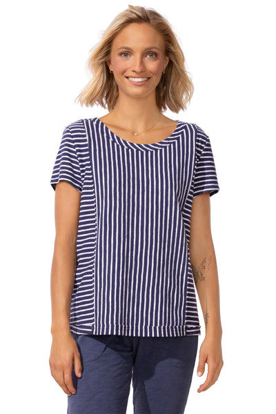 Escape Santa Barbara Stripe Seamed Tee, Spring Summer Women's Shirts Knit. Navy