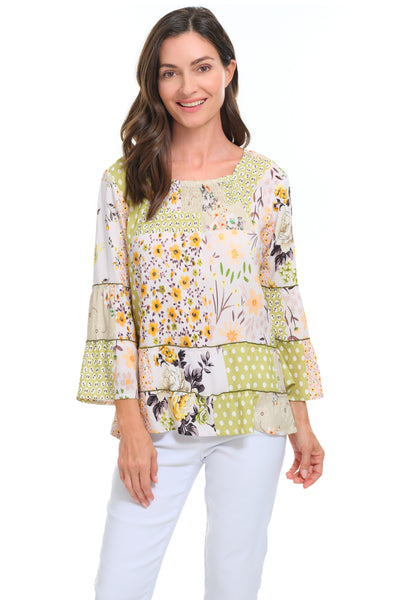 Parsley & Sage Quinn Peasant Pullover Blouse, Spring Summer Women's Shirts Woven. Lime Multi