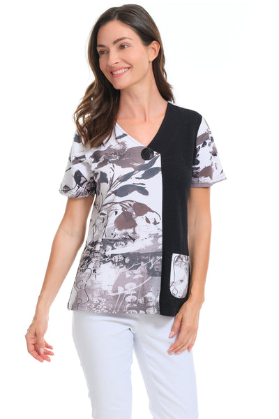 Parsley & Sage Ginger One Button Pullover, Spring Summer Women's Shirts Knit. Black/White