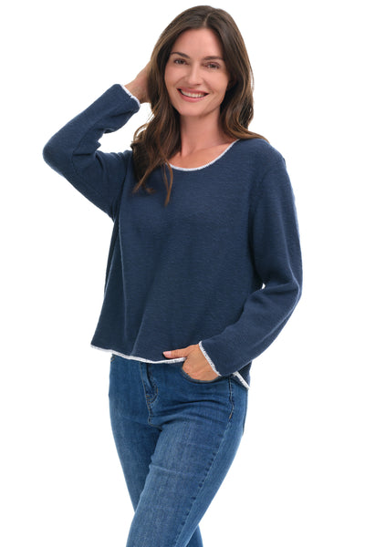 Avalin Trimmed Scoop Neck Sweater, Fall Winter Women's Sweaters. Navy/White.