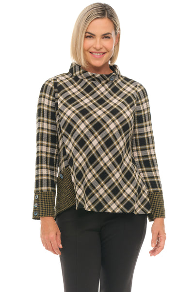 Habitat Clothes Girl Gone Plaid Asymmetrical Top, Fall Winter Women's Shirts Woven. Avocado.