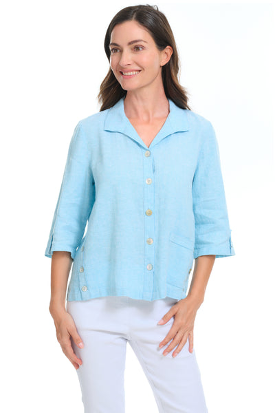 Habitat Clothes Linen Relaxed Camp Shirt, Spring Summer Women's Shirts Woven. Topaz