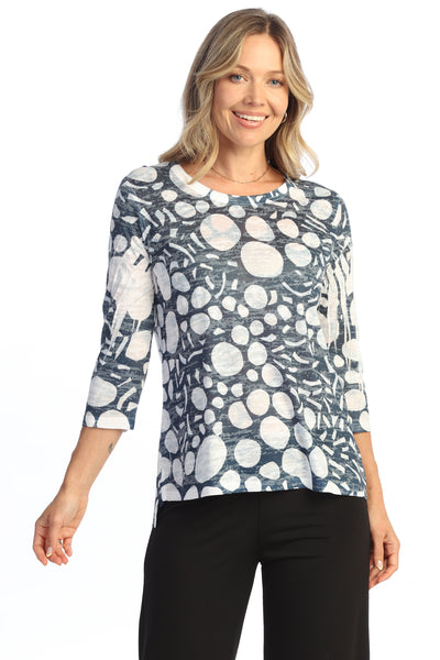 Jess & Jane Pebbles Burn Out Top, Spring Summer Women's Shirts Knit. Navy/White