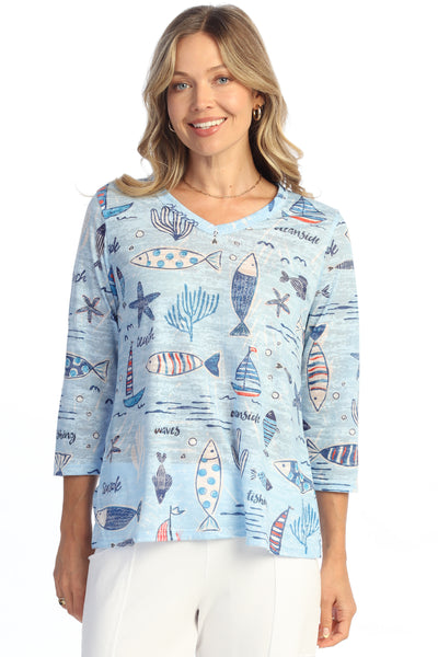 Jess & Jane Newport Burn Out V Top, Spring Summer Women's Shirts Knit. Fish Print