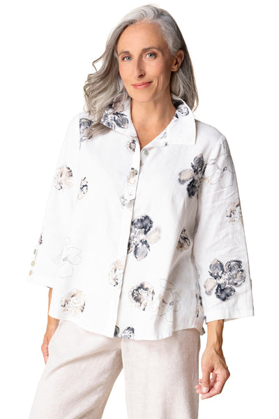Habitat Clothes Linen Watercolor Floral Swing Shirt, Spring Summer Women's Shirts Woven. White