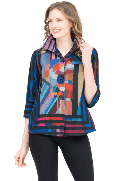 Damee NYC Abstract Shards Fleece Jacket, Fall Winter Women's Outerwear