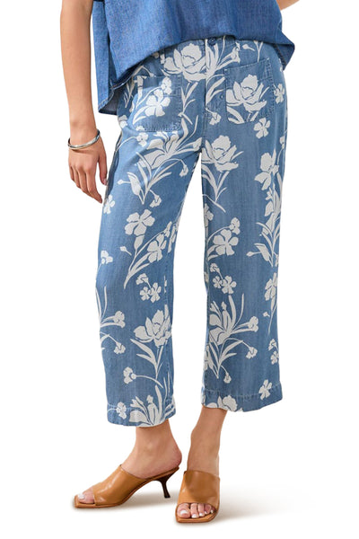Tribal Floral Wide Leg Crop, Spring Summer Women's Pants. Seaside Blue