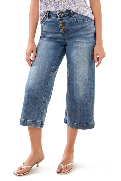 Tribal Audrey Button Fly Wide Leg Crop Jean, Spring Summer Women's Pants. Pebble Blue
