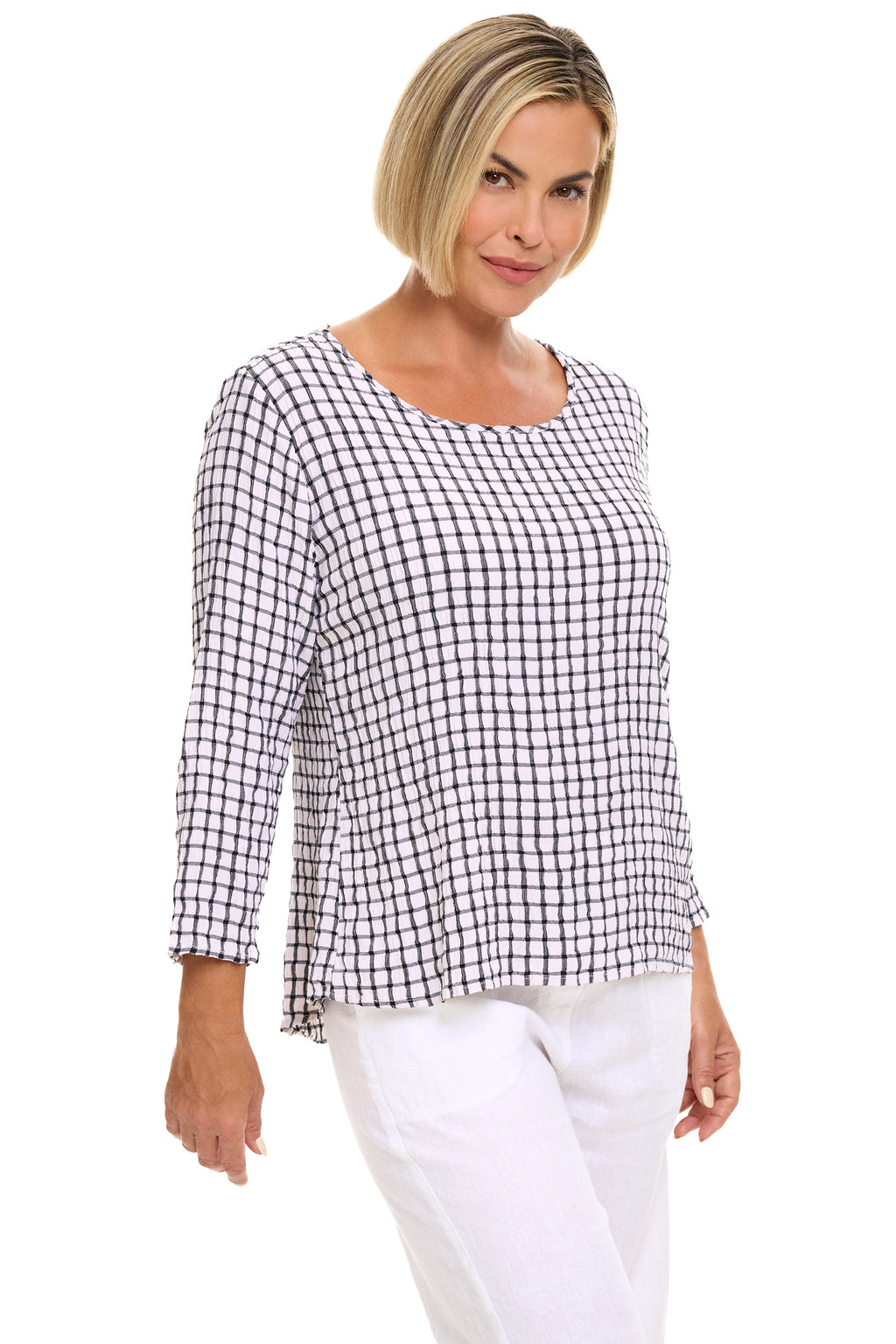 Crinkle Plaid Split Back Top