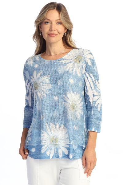 Jess & Jane Daisy Pop Layered Mesh Tunic, Spring Summer Women's Shirts Knit. Blue/White