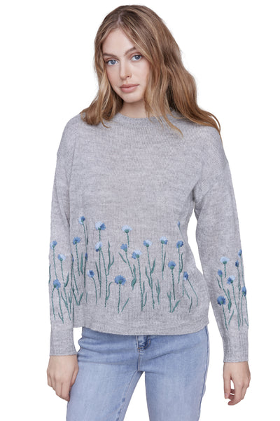 Charlie B Embroidered Blooms Sweater, Fall Winter Women's Shirts Knit