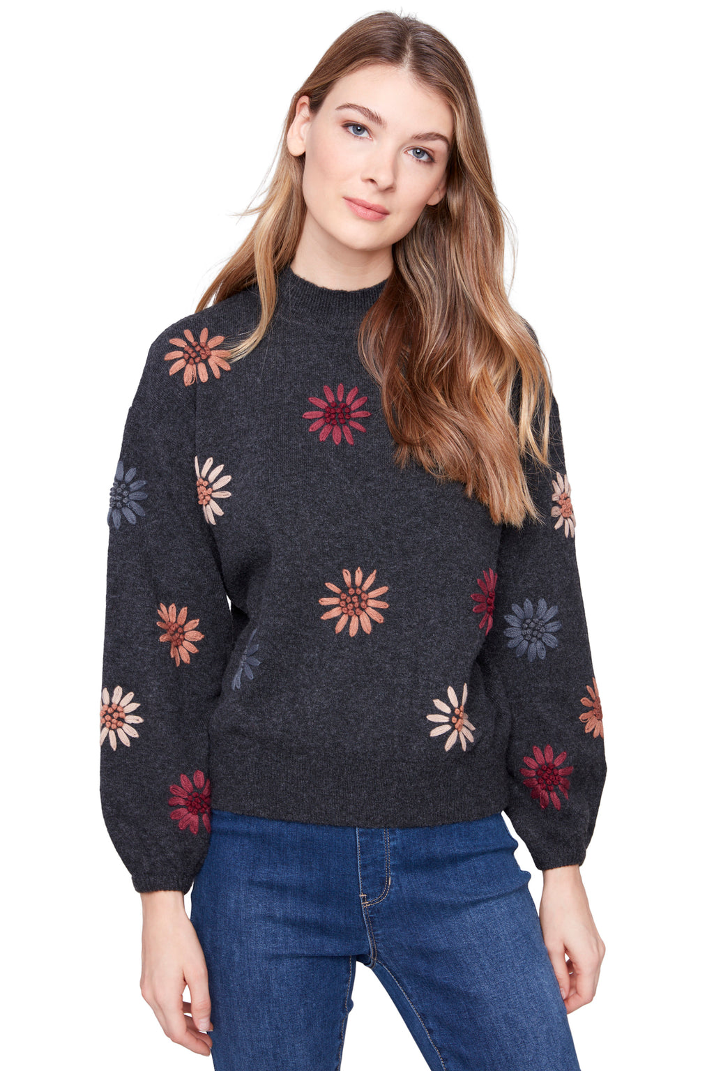 Embroidered Blooms Mock Neck Sweater