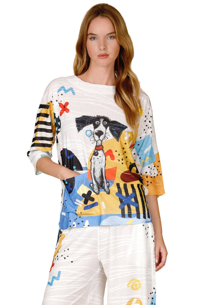 Inoah Sir Artsy Paws Top, Spring Summer Women's Shirts Knit. White Multi